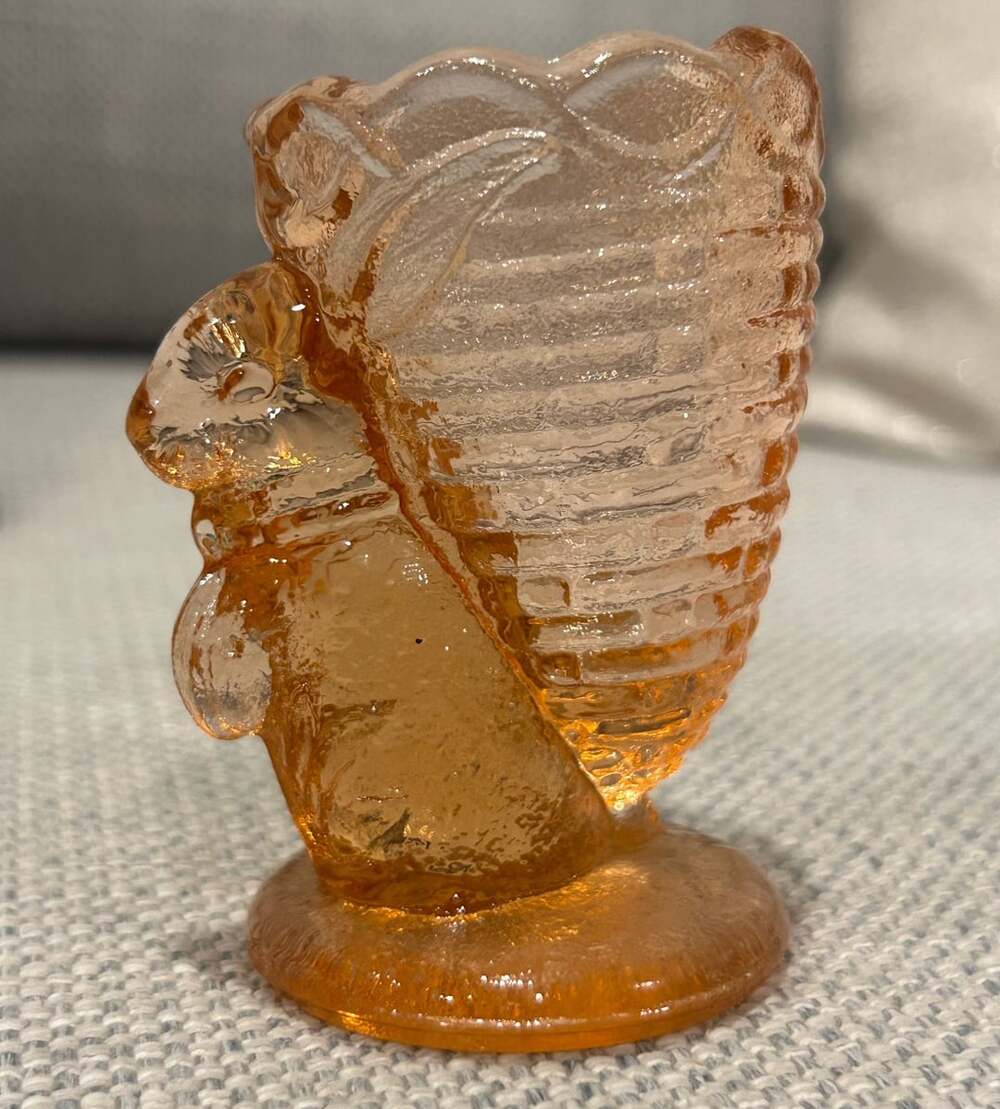 Vintage Fenton Amber Pink Glass Bunny Rabbit with Ribbed Basket Toothpick Holder